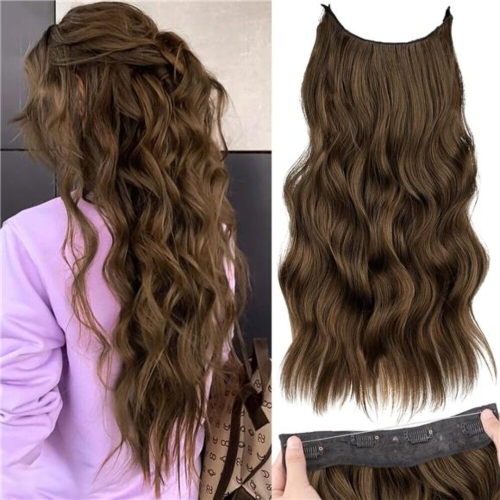 KooKaStyle Invisible Wire Hair Extensions with Transparent Wire Long Wavy